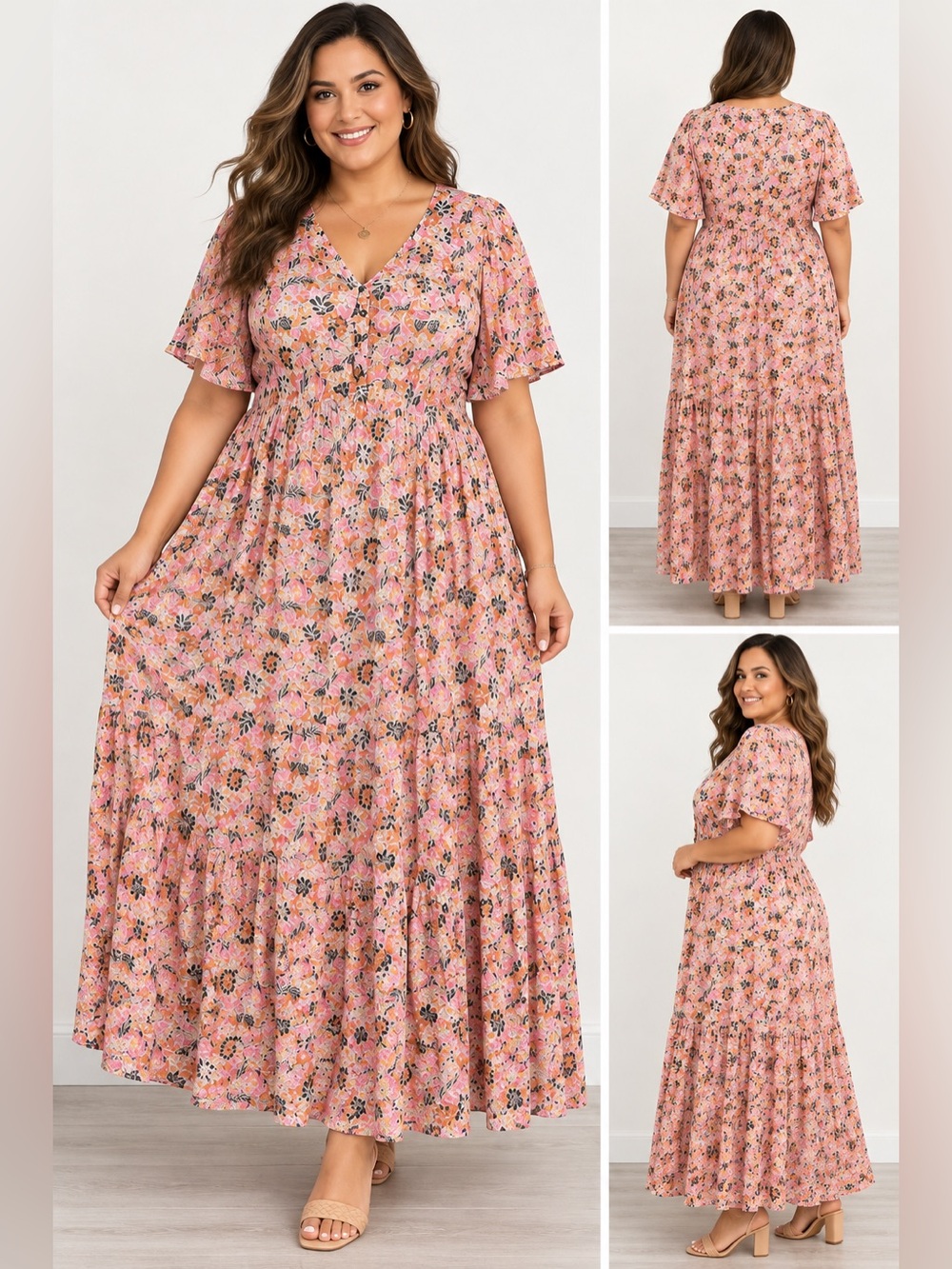 Jessica Simpson Women's Pink Floral Flutter Sleeve Kariana Dress Plus Size 2X